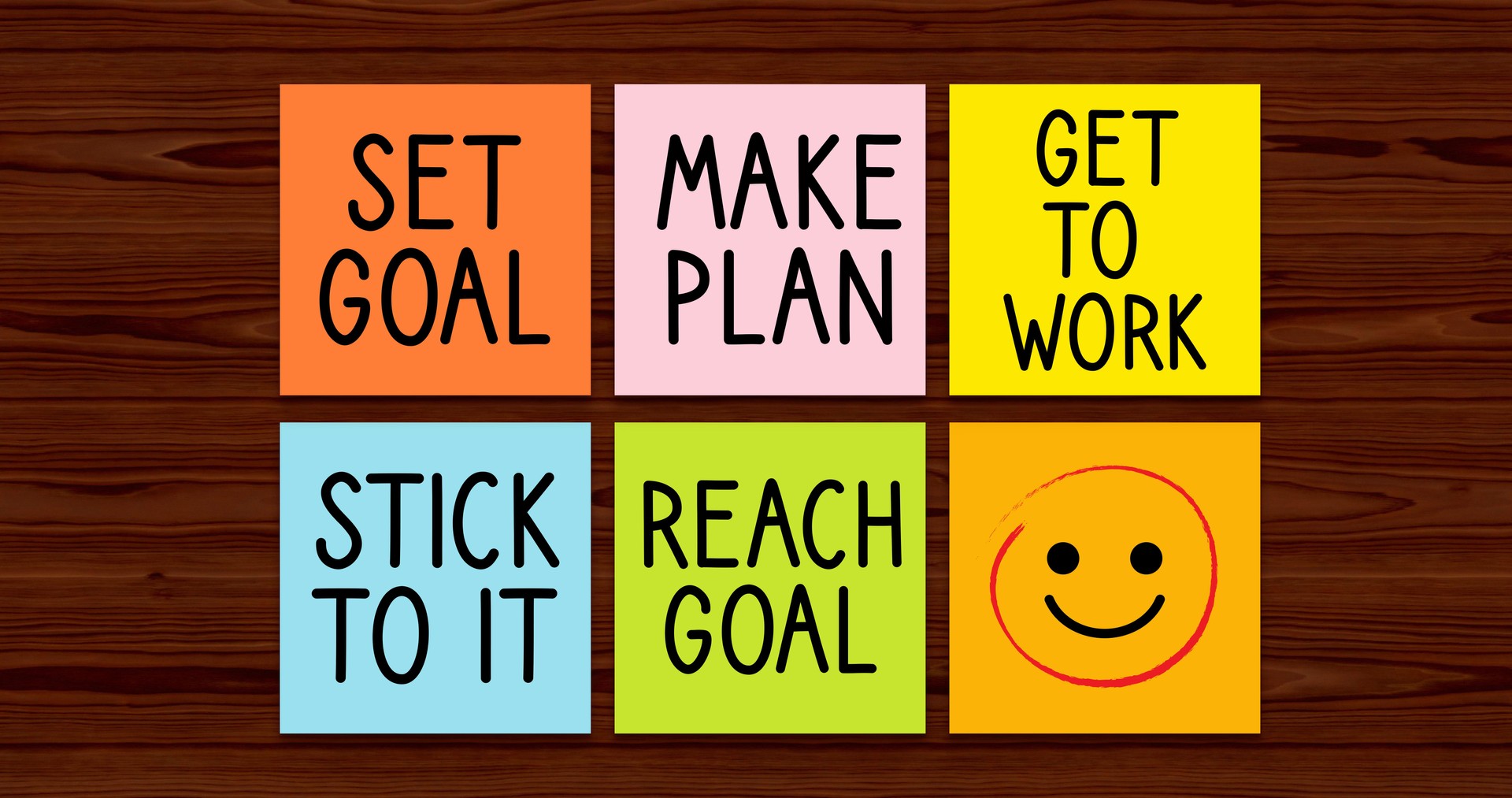 Goal Setting Plan Action Motivation Sticky Notes Wood Background